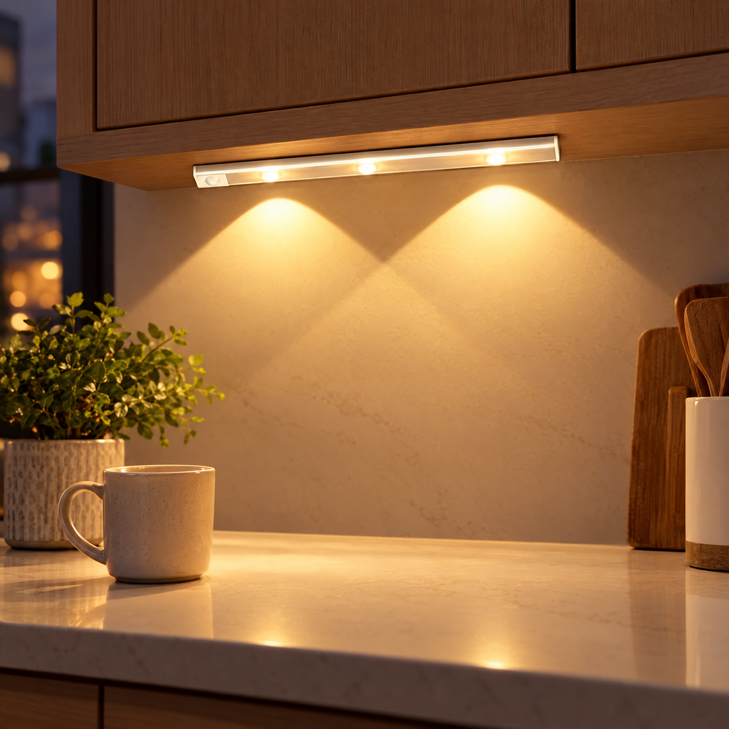 Glow Strip motion-sensor cabinet light glowing warmly under a kitchen cabinet